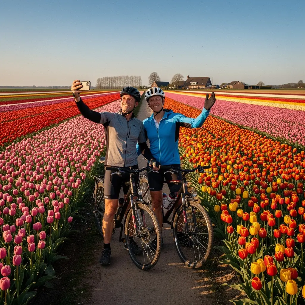 Ein gemütlicher Café-Tisch im Freien, umgeben von blühenden Blumen in einer charmanten Stadt.